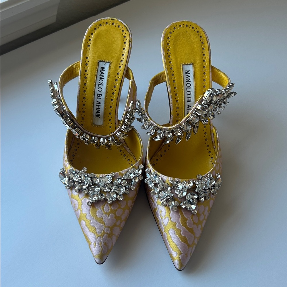 Manolo Blahnik Lurum Crystal Mule Leopard Jacquard Pink Yellow Wedding Shoes - Picture 6 of 11